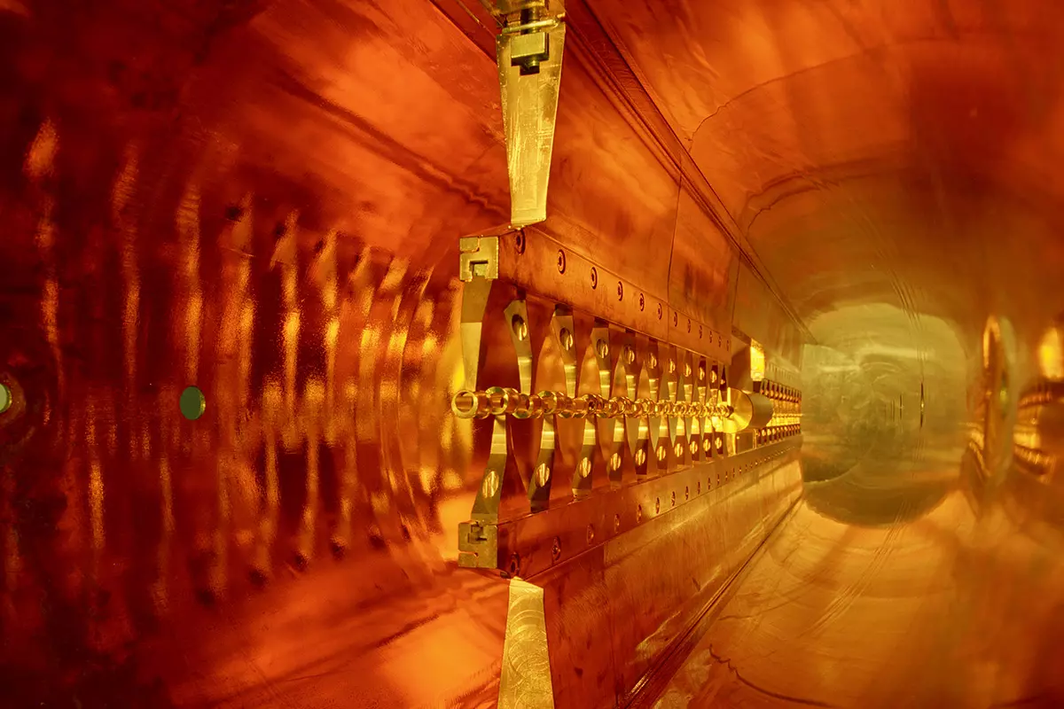 Interior view of a particle accelerator